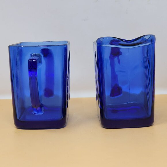 Vintage Cobalt Blue Glass Creamer & Sugar Set With Chevron Pattern - Picture 5 of 12